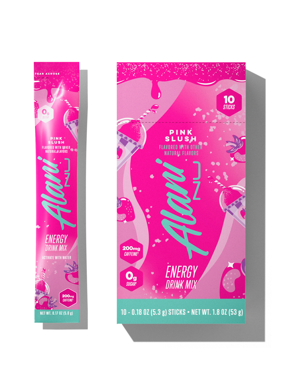 The front views of a 0.29oz stick and a 10-pack of Alani’s sugar-free Pink Slush Energy Drink Mix, flavored with other natural flavors and made with 200mg of caffeine.