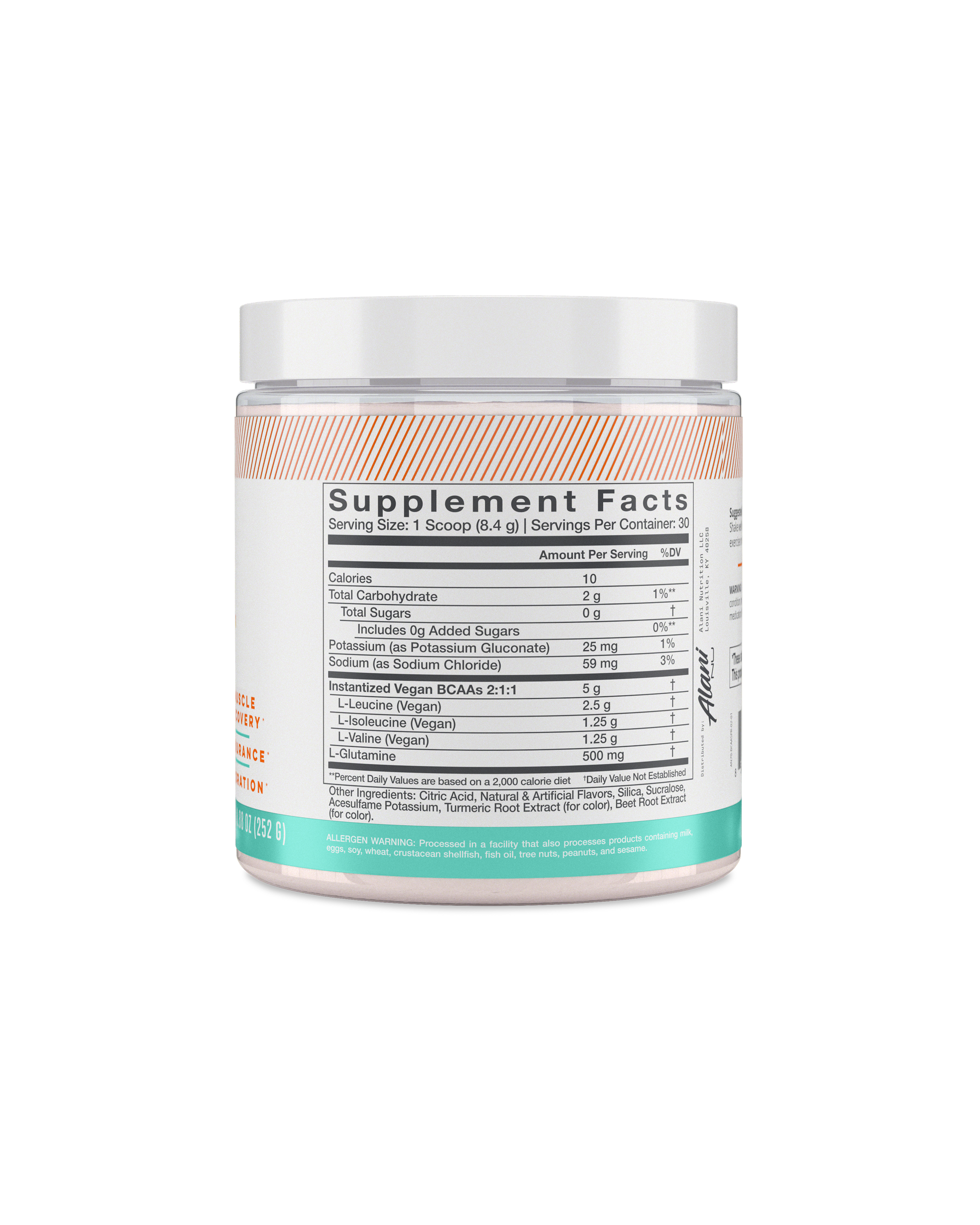 A back view of BCAA in Sour Peach Rings flavor highlighting Supplement facts.