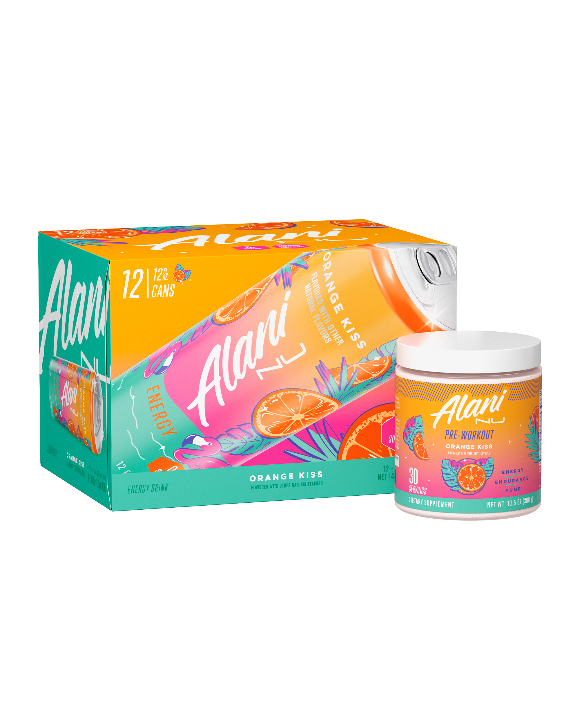The front view of an Alani Nu Orange Kiss Energy Drink can and Pre-Workout tub.