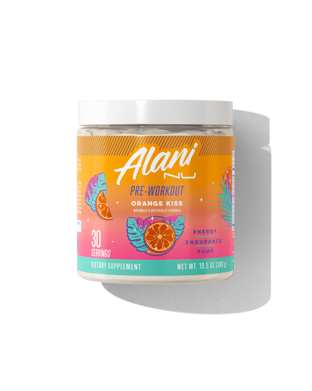 The front view of an Alani Nu Orange Kiss Pre-Workout tub, made for endurance and pump.