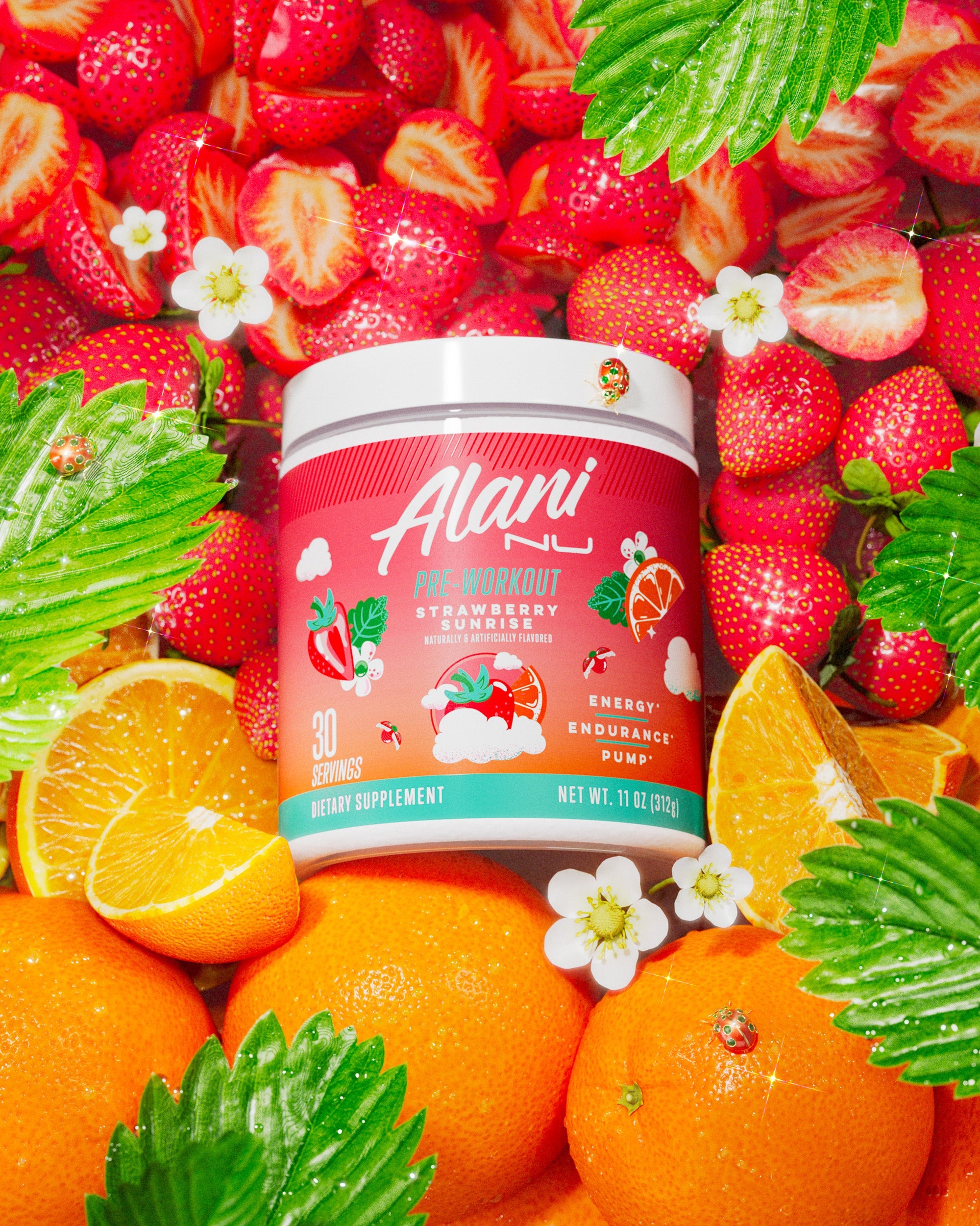A tub of Pre-Workout planted in soil at sunrise. A strawberry plant sprouts from the lid, adorned in bejeweled ladybugs.