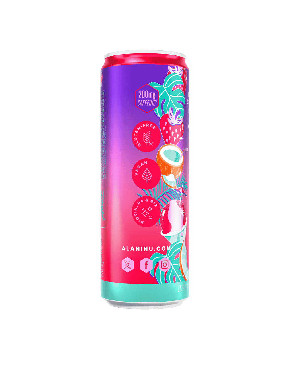 The side view of an Alani Nu Hawaiian Shaved Ice Energy Drink can, showcasing product details. ​